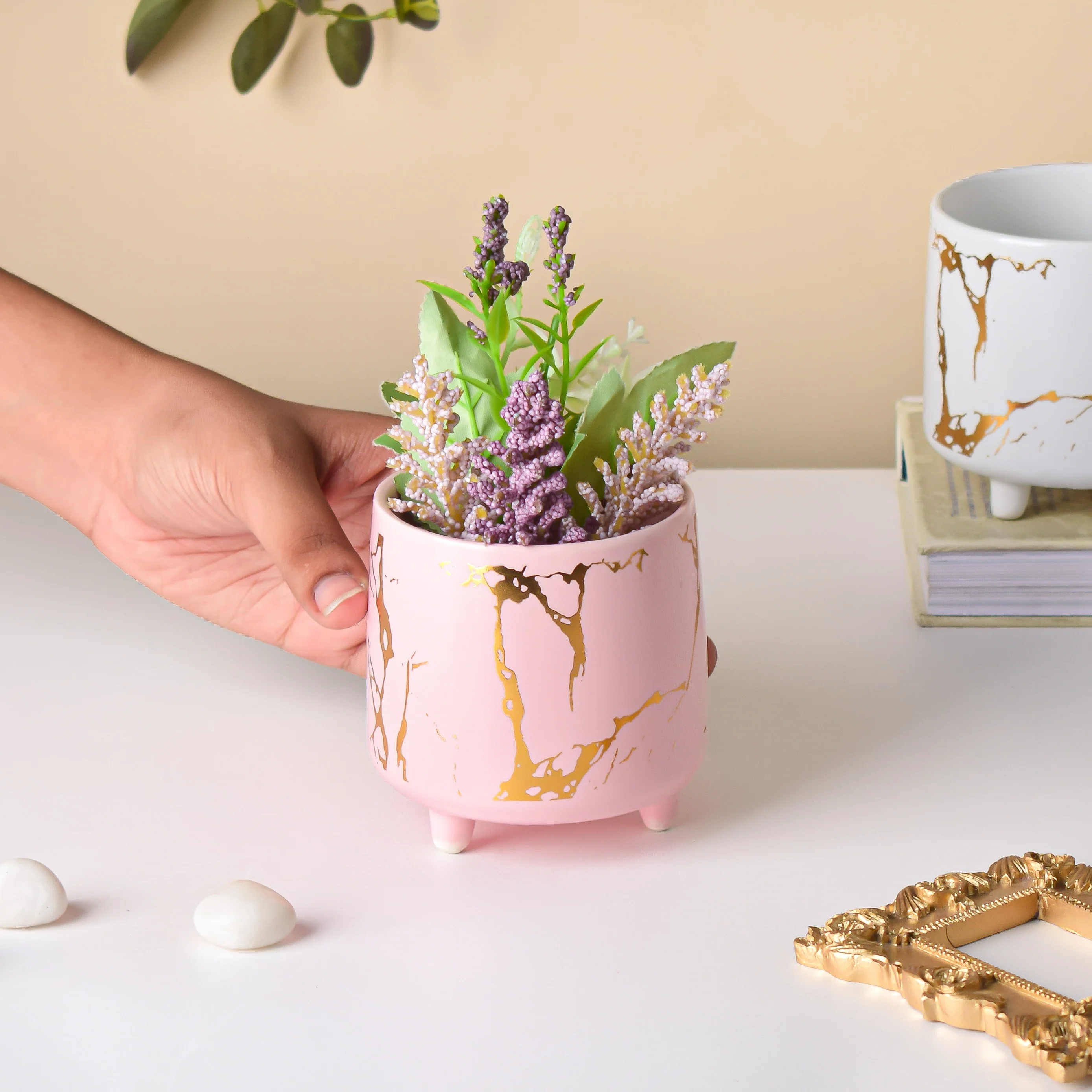 Halcyon Gold Pink Marble Ceramic Planter With Legs Small - Image 3