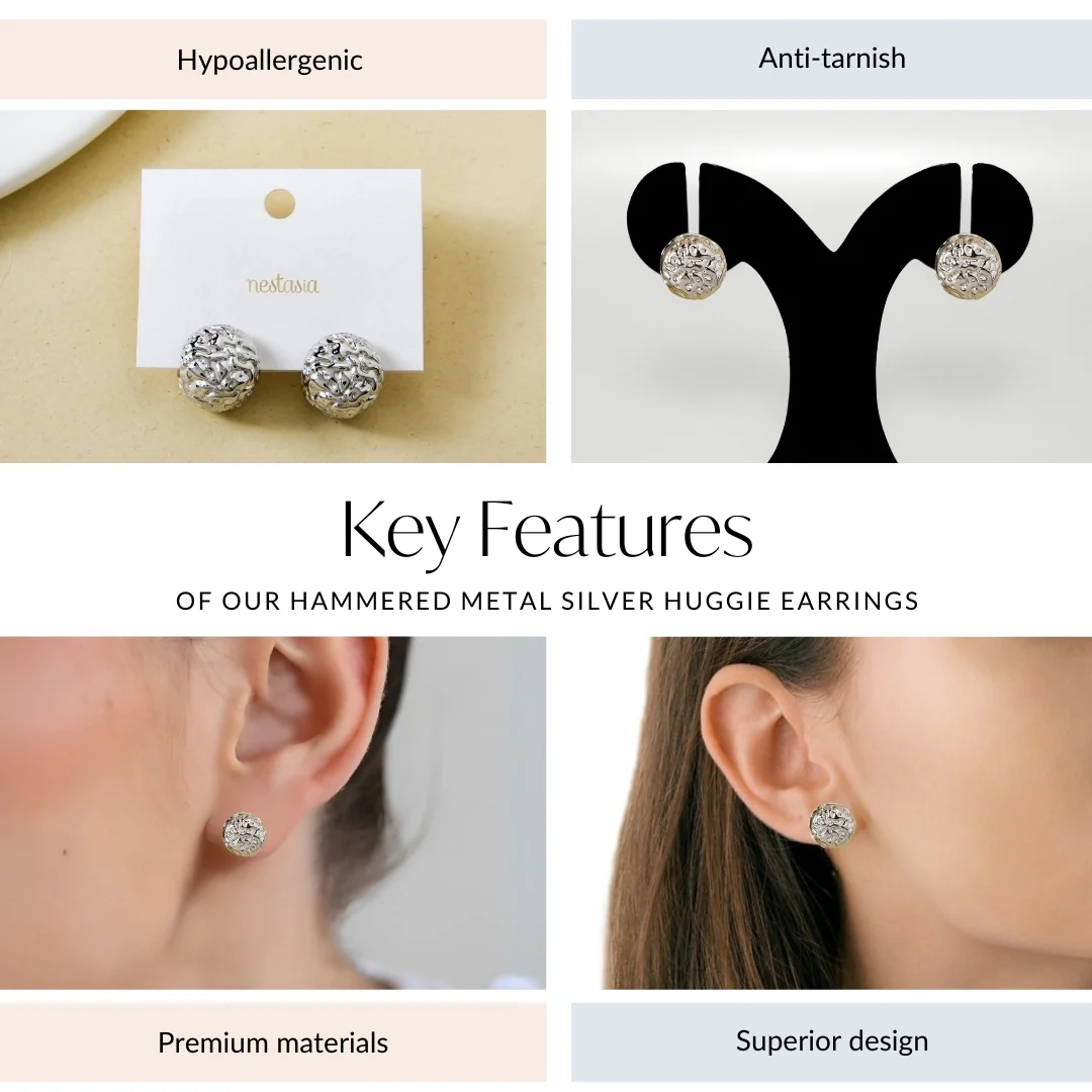 Hammered Metal Silver Huggie Earrings - Image 3
