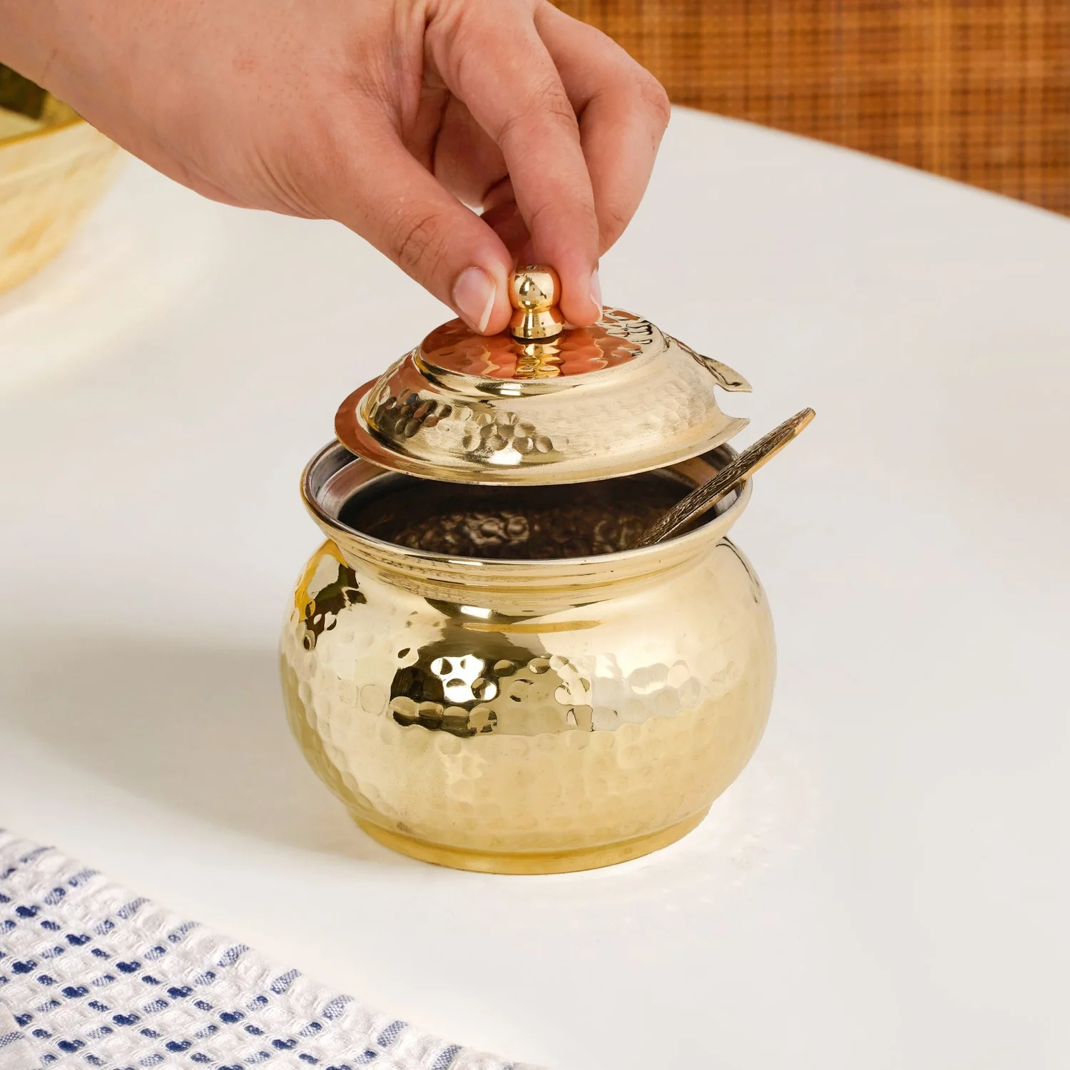 Hammered Pure Brass Ghee Pot With Spoon 400ml - Image 3