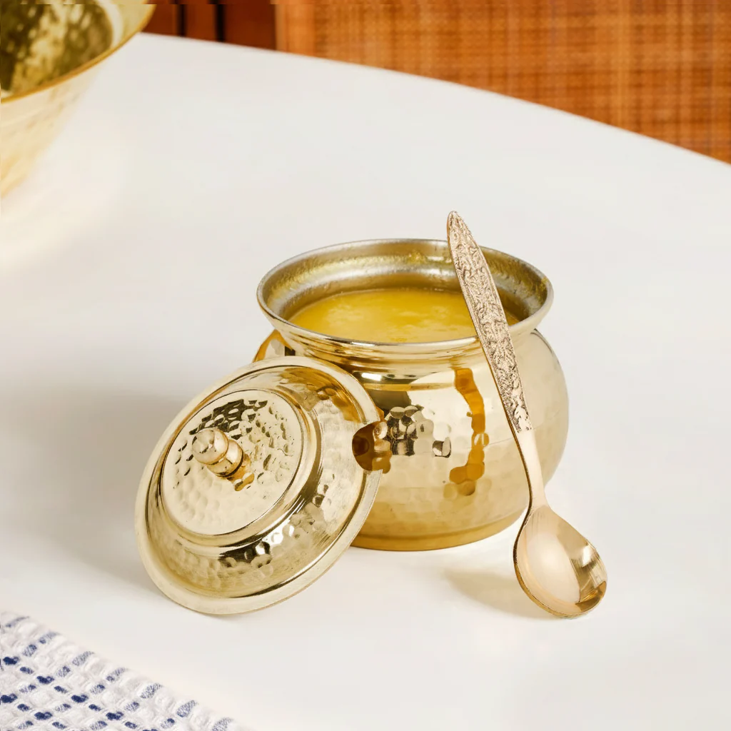 Hammered Pure Brass Ghee Pot With Spoon 400ml - Image 4
