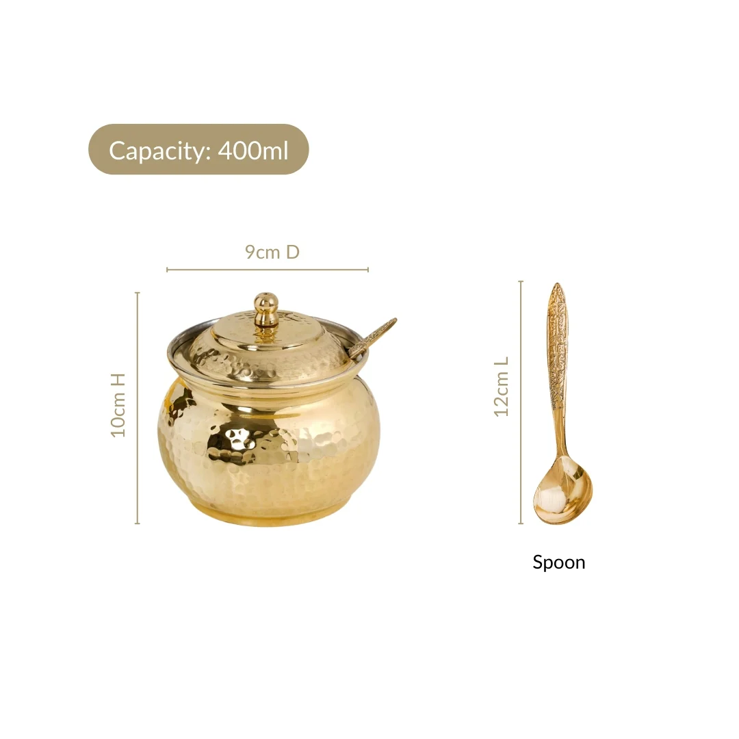 Hammered Pure Brass Ghee Pot With Spoon 400ml - Image 5