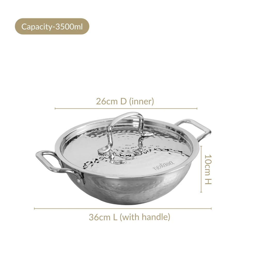 Hammered Stainless Steel Kadai With Lid Tri-Ply 3500ml - Image 4