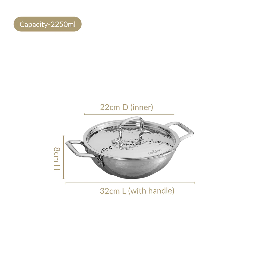 Hammered Tri Ply Induction Safe Stainless Steel Kadai With Lid 2250ml - Image 4