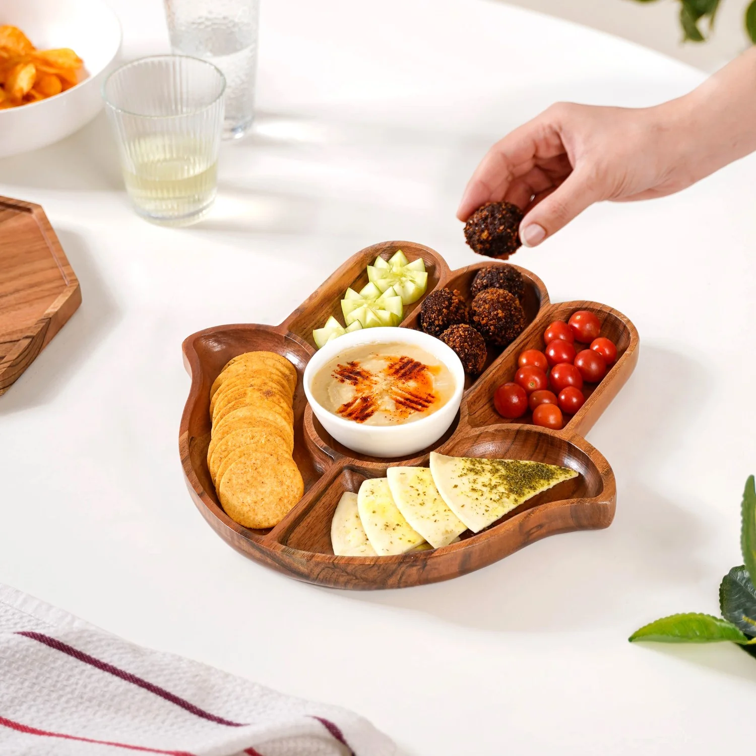 Hamsa Hand Wooden Platter With Dip Bowl - Image 3