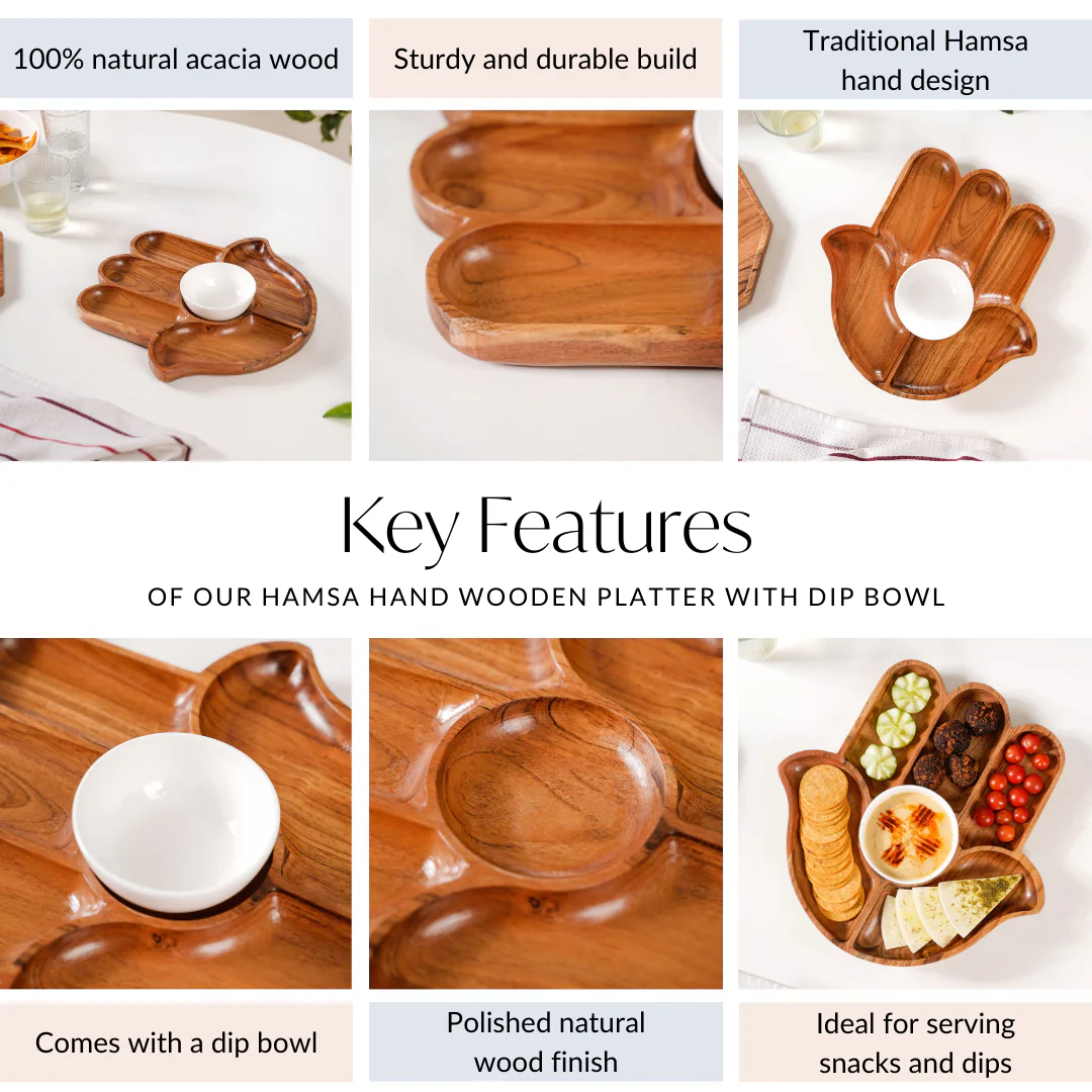 Hamsa Hand Wooden Platter With Dip Bowl - Image 6