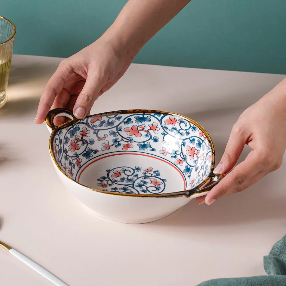 Hana Floral Ceramic Serving Bowl With Handles 9 Inch 500 ml - Image 2