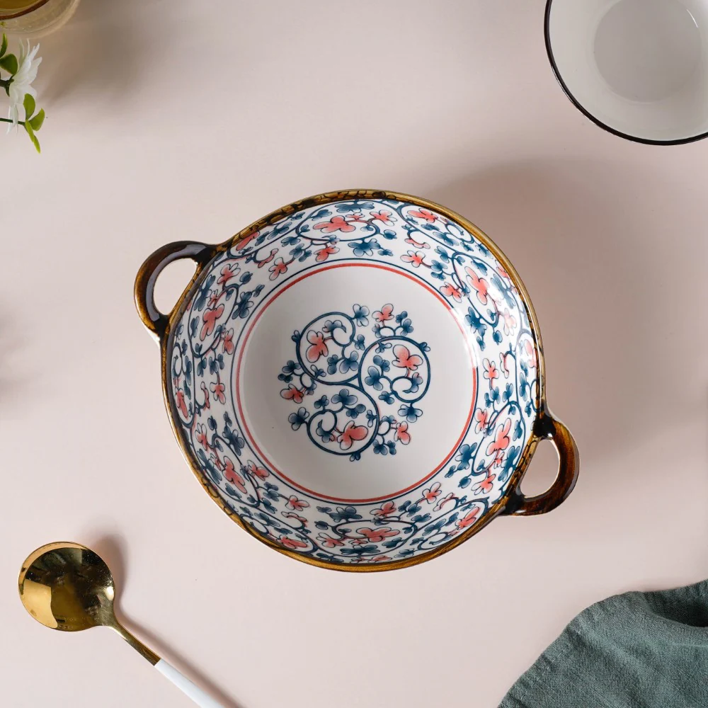 Hana Floral Ceramic Serving Bowl With Handles 9 Inch 500 ml - Image 3