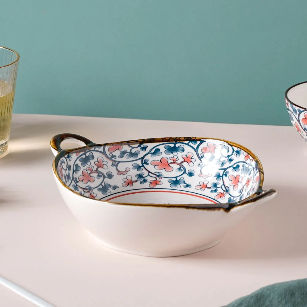 Hana Floral Ceramic Serving Bowl With Handles 9 Inch 500 ml - Image 4