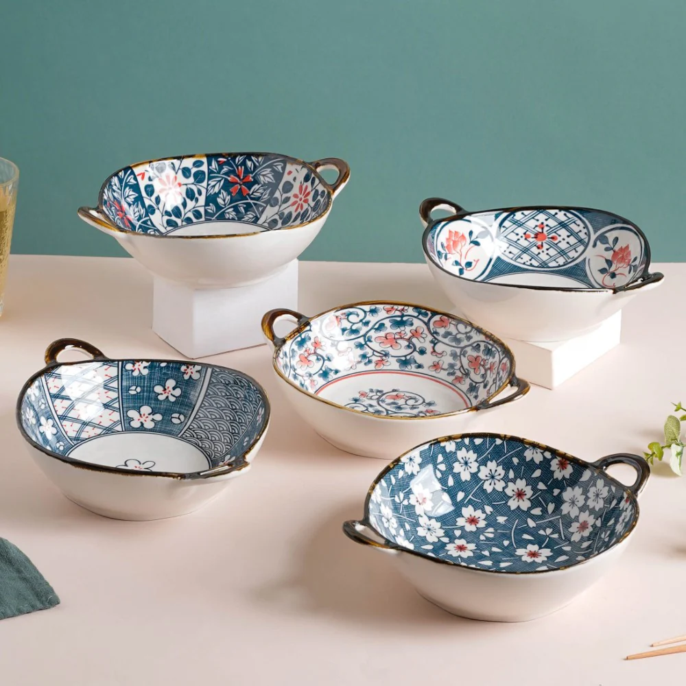 Hana Floral Ceramic Serving Bowl With Handles 9 Inch 500 ml - Image 9