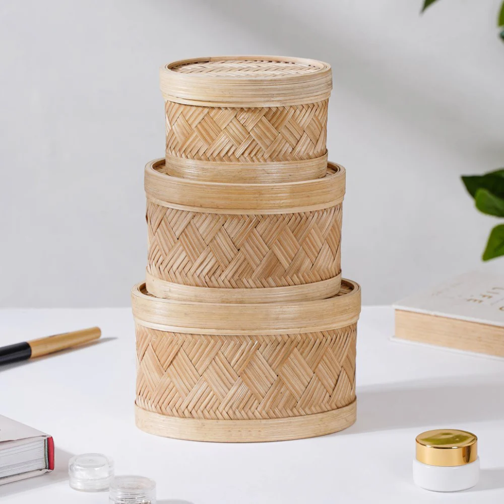Hand Crafted Oval Bamboo Storage Basket Set of 3 - Image 6