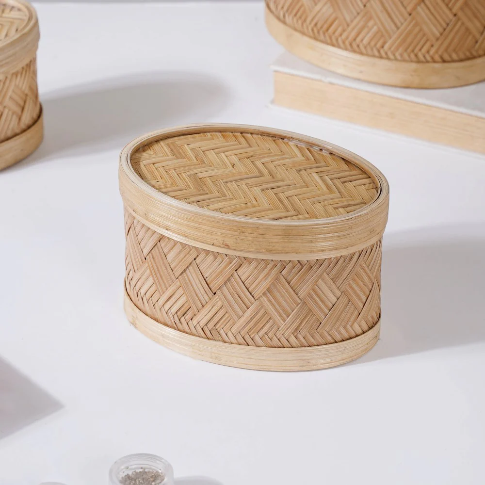 Hand Crafted Oval Bamboo Storage Basket Set of 3 - Image 7