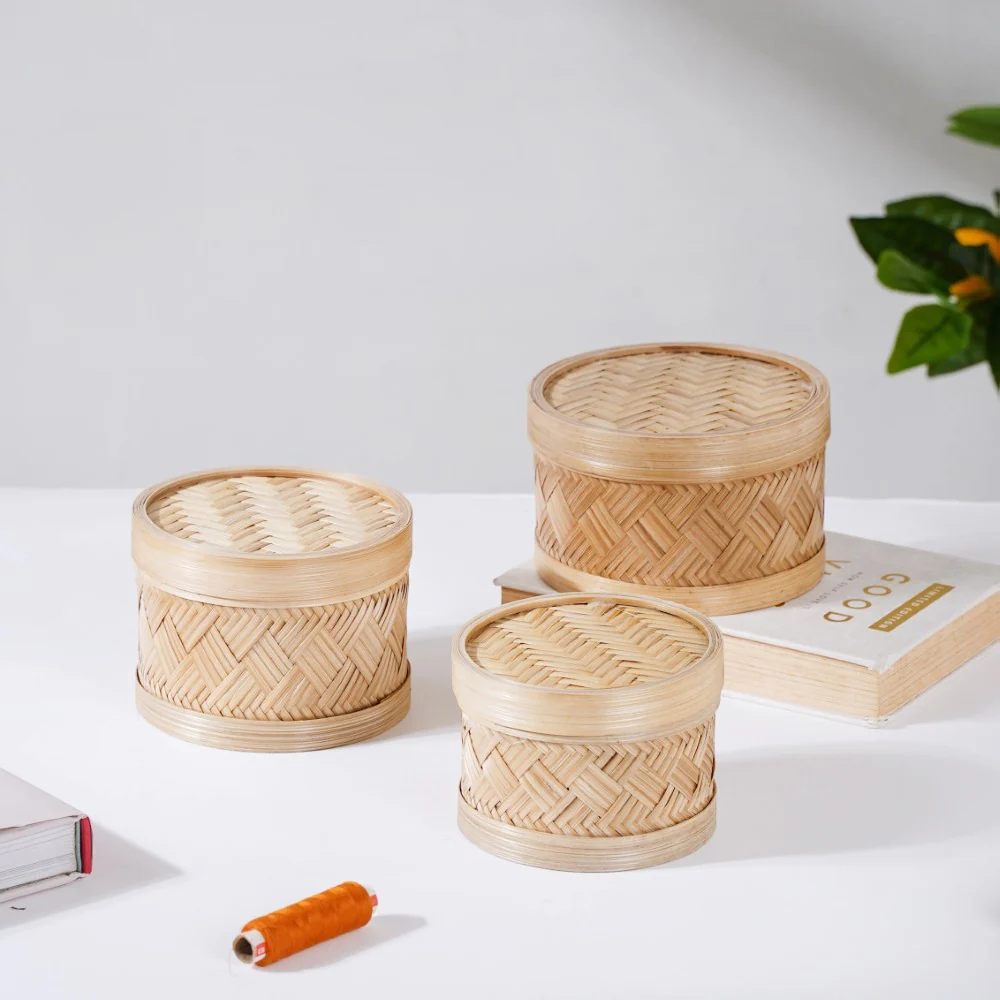 Hand Woven Round Bamboo Storage Basket Set of 3 - Image 3