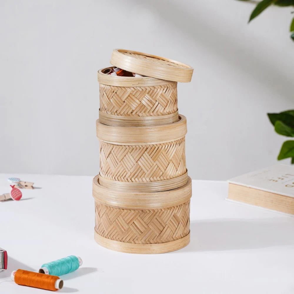 Hand Woven Round Bamboo Storage Basket Set of 3 - Image 4