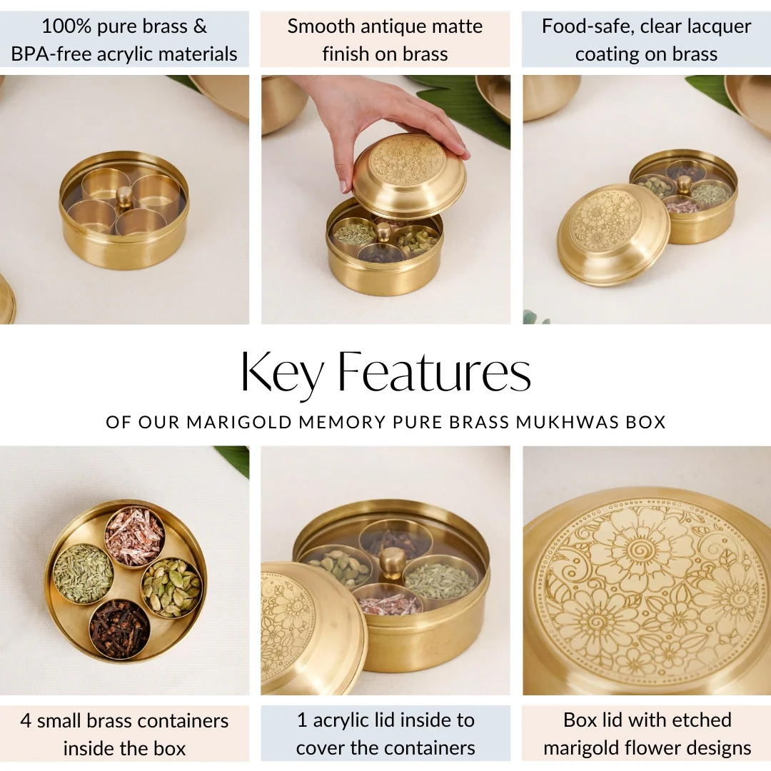 Handcrafted Brass Marigold Mukhwas Box – Spice & Mouth Freshener Holder - Image 6