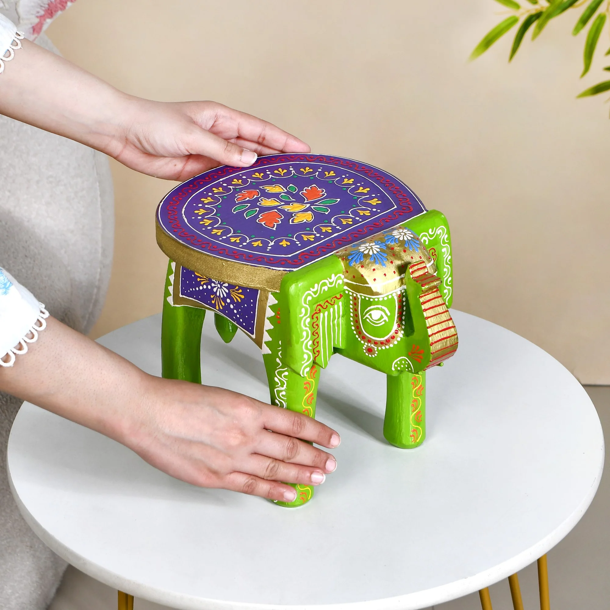 Handcrafted Vibrant Banjara Wooden Elephant Riser - Image 2