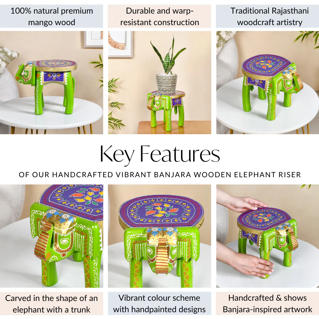 Handcrafted Vibrant Banjara Wooden Elephant Riser - Image 5