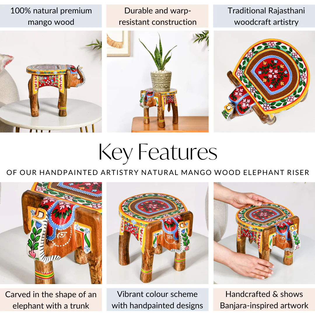 Handpainted Artistry Natural Mango Wood Elephant Riser - Image 5