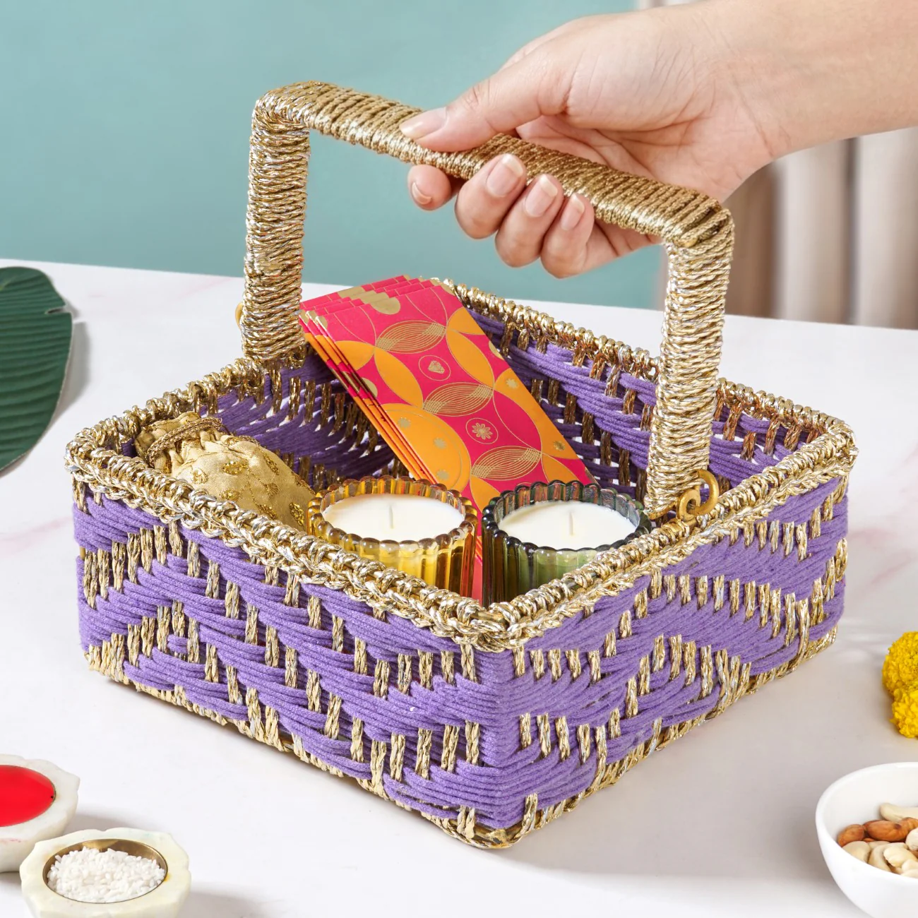 Handwoven Gift Basket With Movable Handle Lavender - Image 3