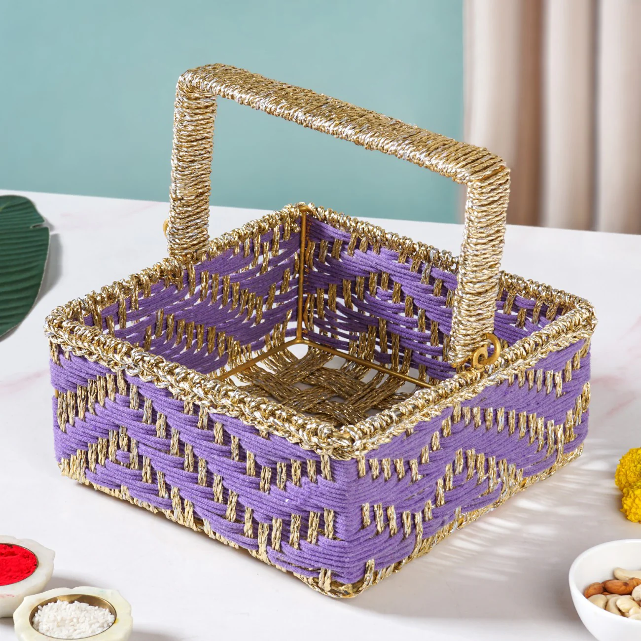 Handwoven Gift Basket With Movable Handle Lavender - Image 7