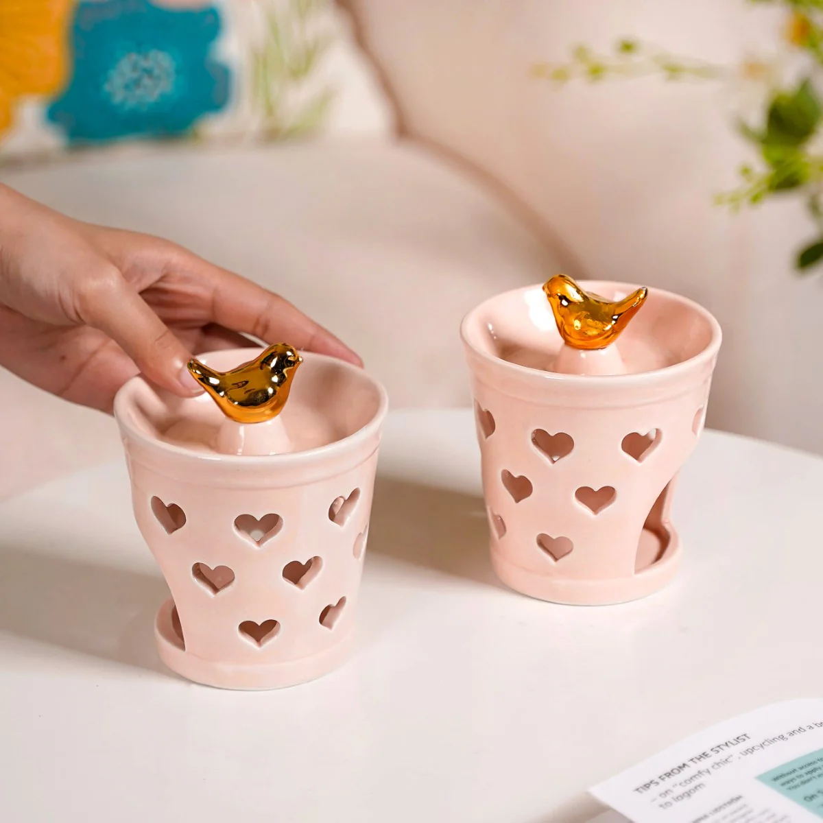 Heart Cutwork Ceramic Diffuser Set Of 2 Peach - Image 4