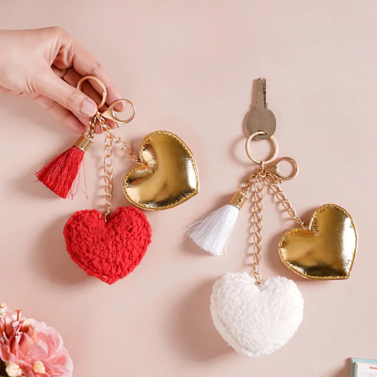 Heart Keychain Set Of 2 Red White Gold 8 Inch - Image 2