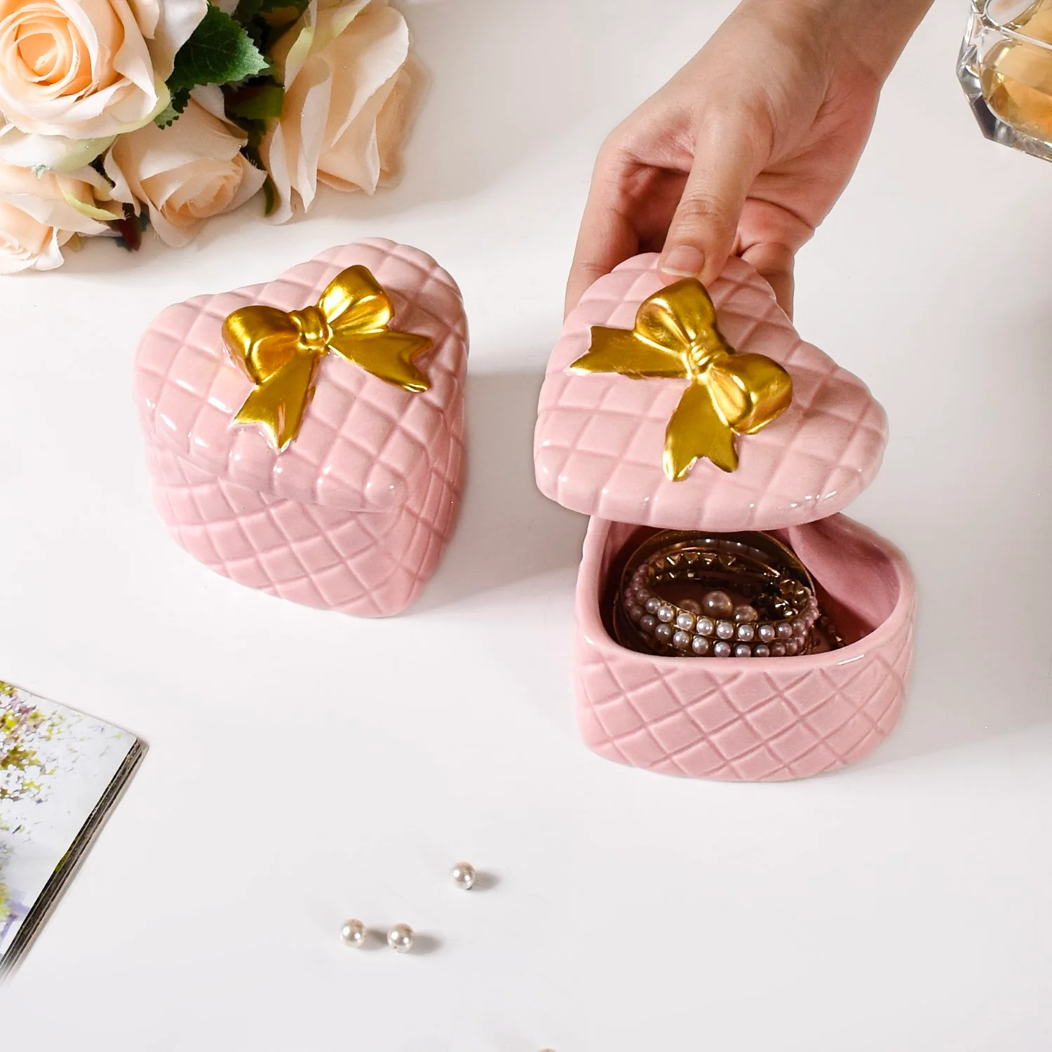 Heart Shaped Ceramic Gift Box Set Of 2 Pink - Image 2