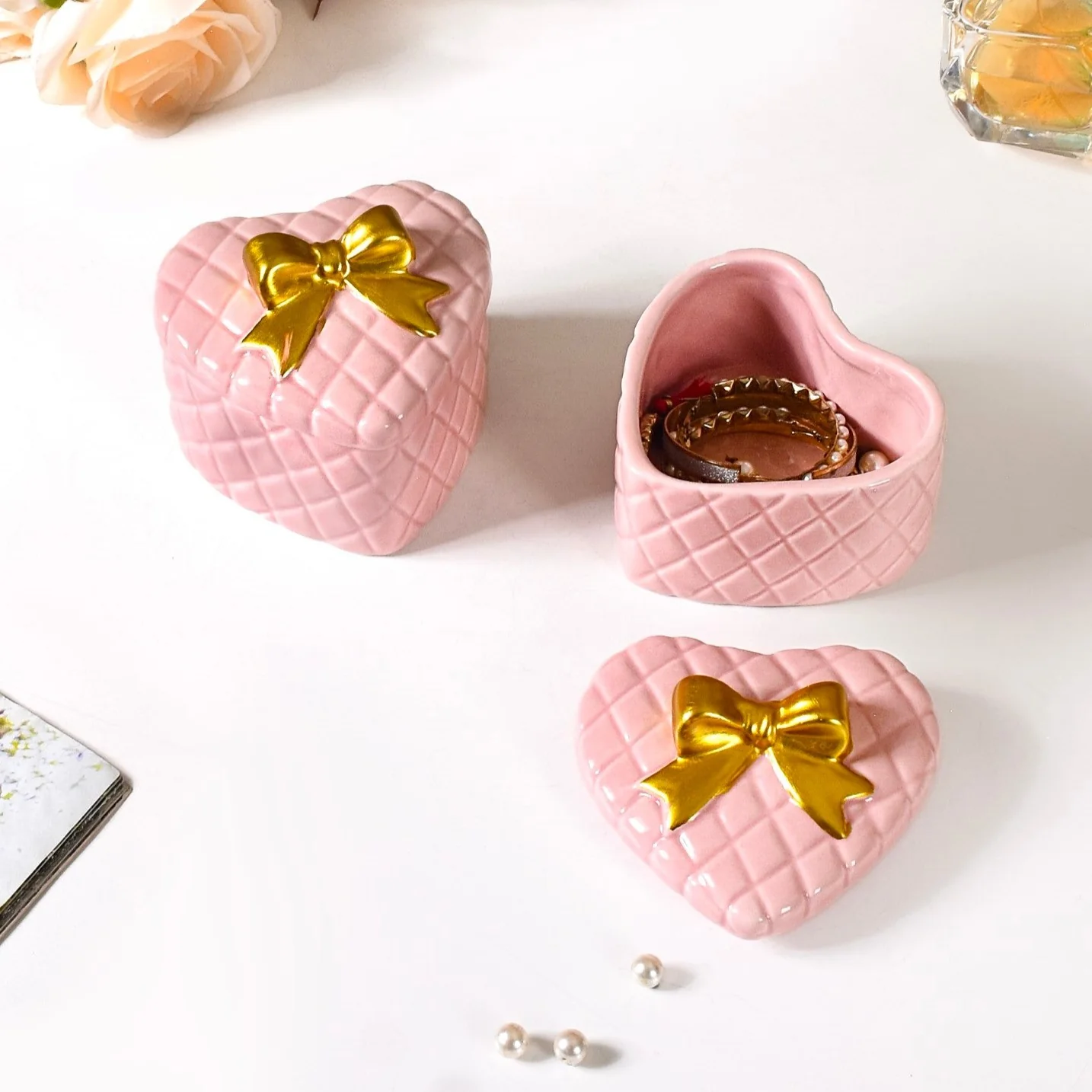 Heart Shaped Ceramic Gift Box Set Of 2 Pink - Image 3