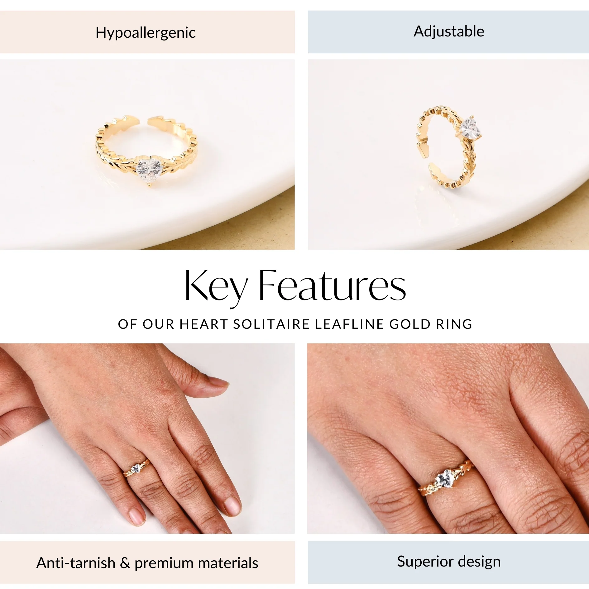 Heart Solitaire Leafline Gold Ring - Image 4