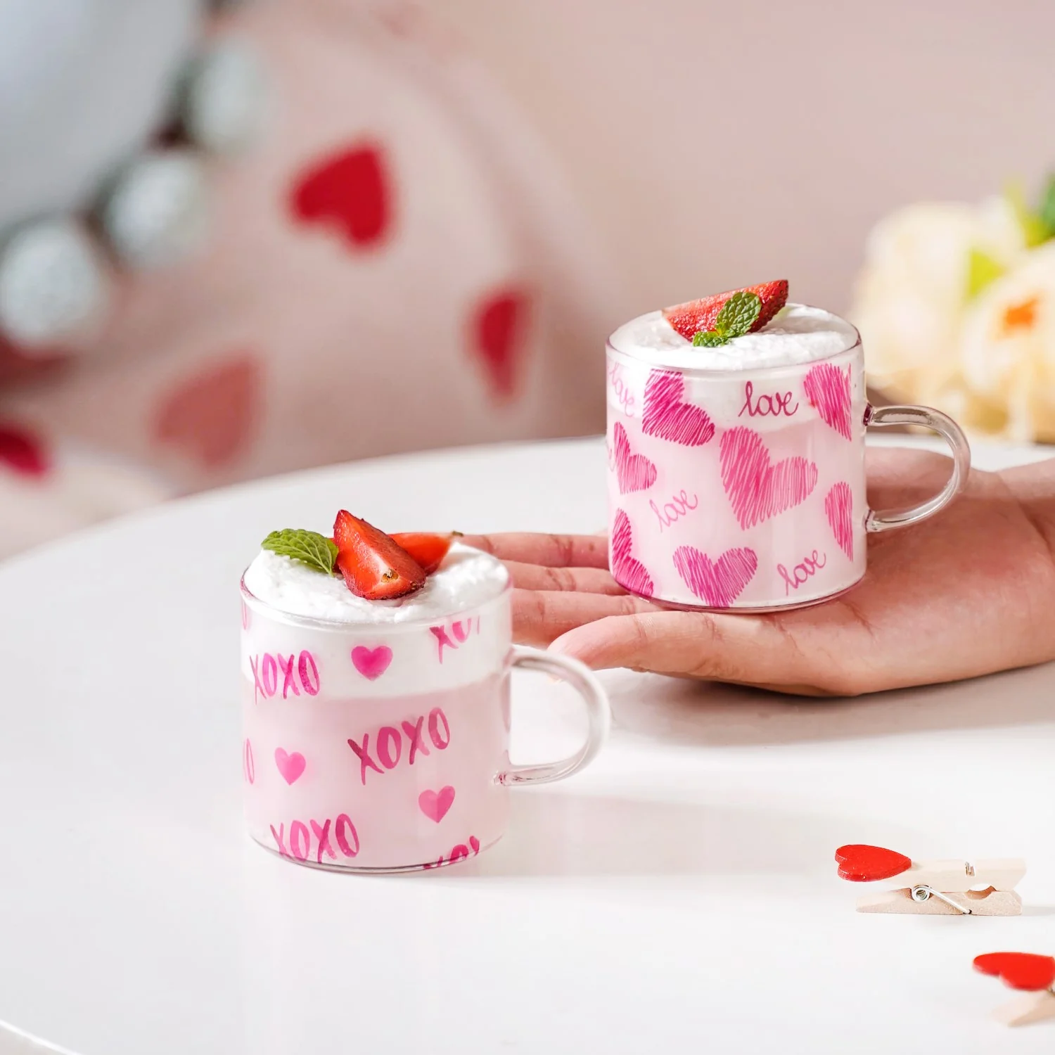 Heart XO Glass Small Size Cup Set Of 2 Pink 140ml - Image 9