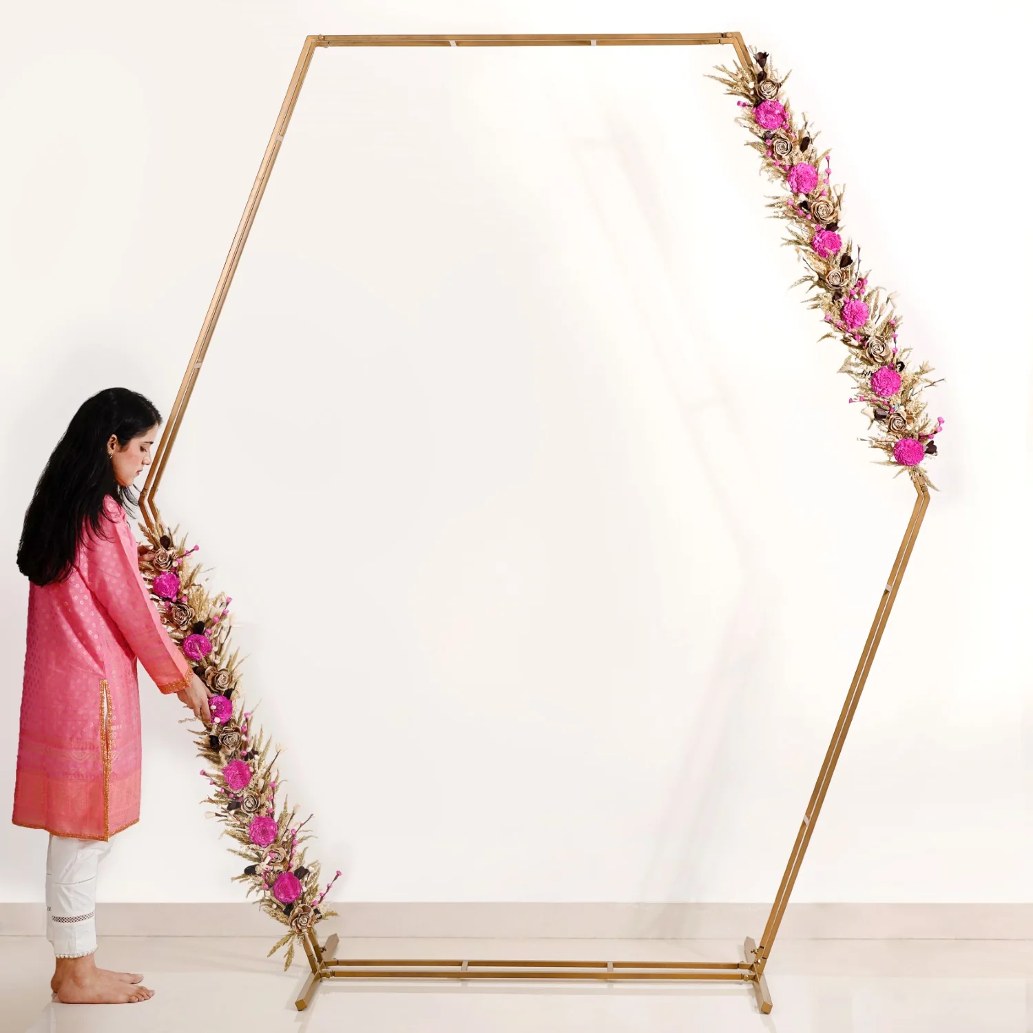 Hexagon Party Decoration Backdrop Metal Frame With Pink Flower Decor 100 Inch - Image 3