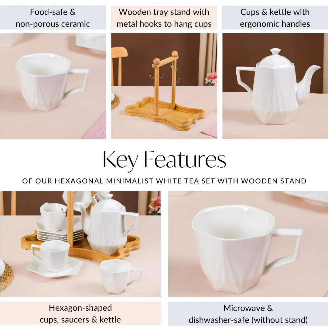 Hexagonal Minimalist White Tea Set With Wooden Stand - Image 5