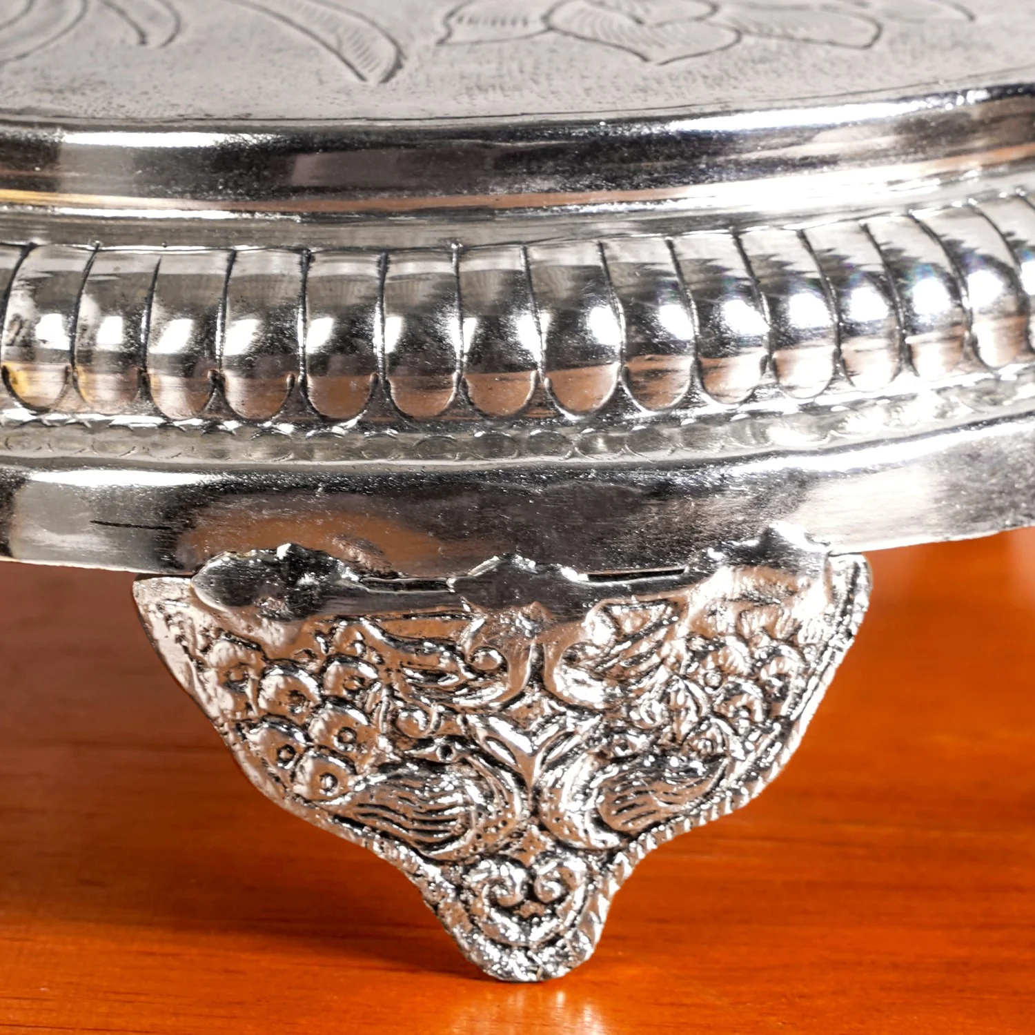 Hibiscus Brass Pooja Chowki With Silver Polish 22x8cm - Image 8