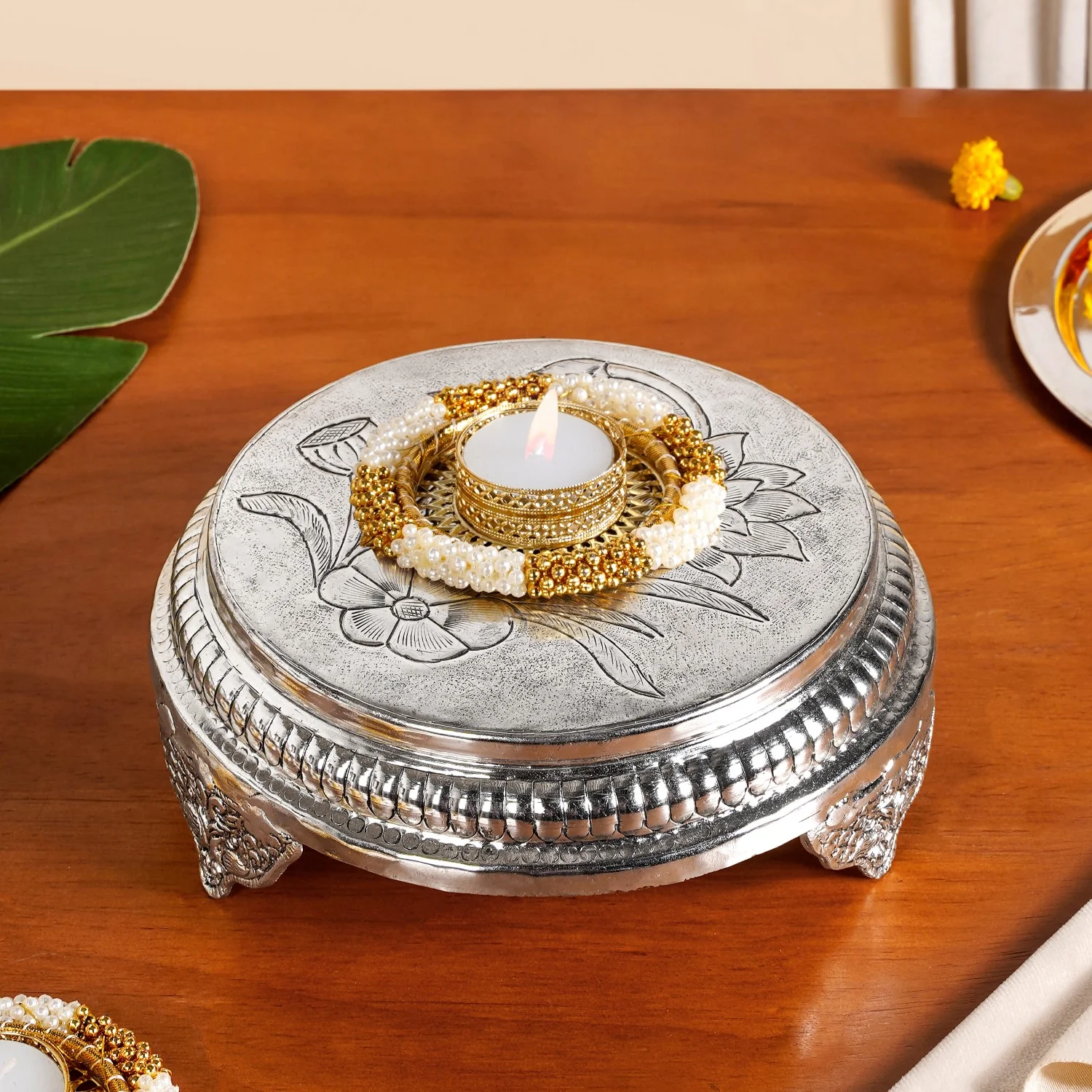 Hibiscus Brass Pooja Chowki With Silver Polish 22x8cm - Image 9