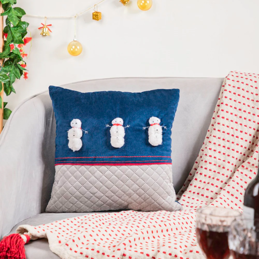 Holiday Snowman Velvet Cushion Cover 16 X 16 Inch