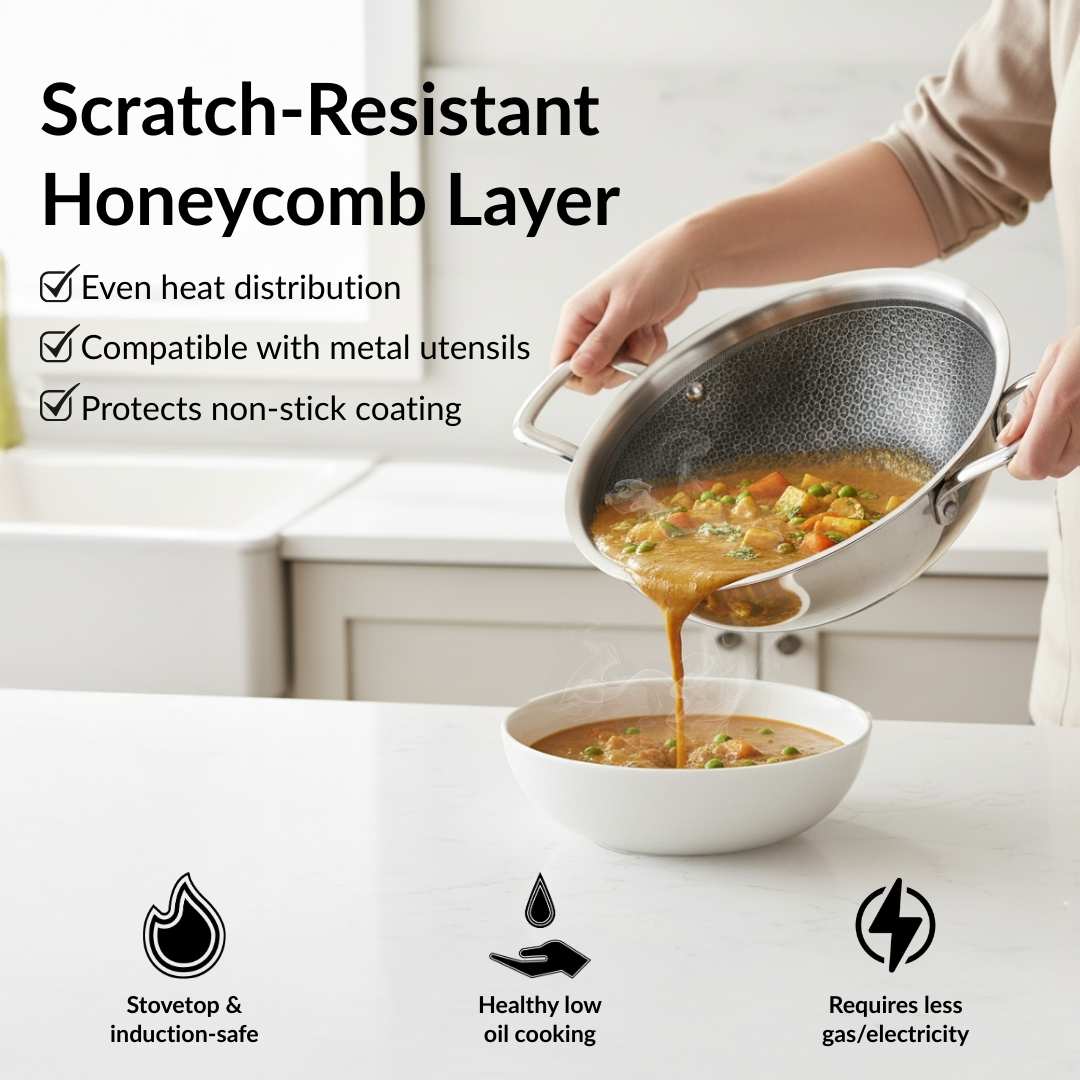 Honeycomb Flame And Induction Safe Triply Non Stick Kadai With Lid 3000ml - Image 7