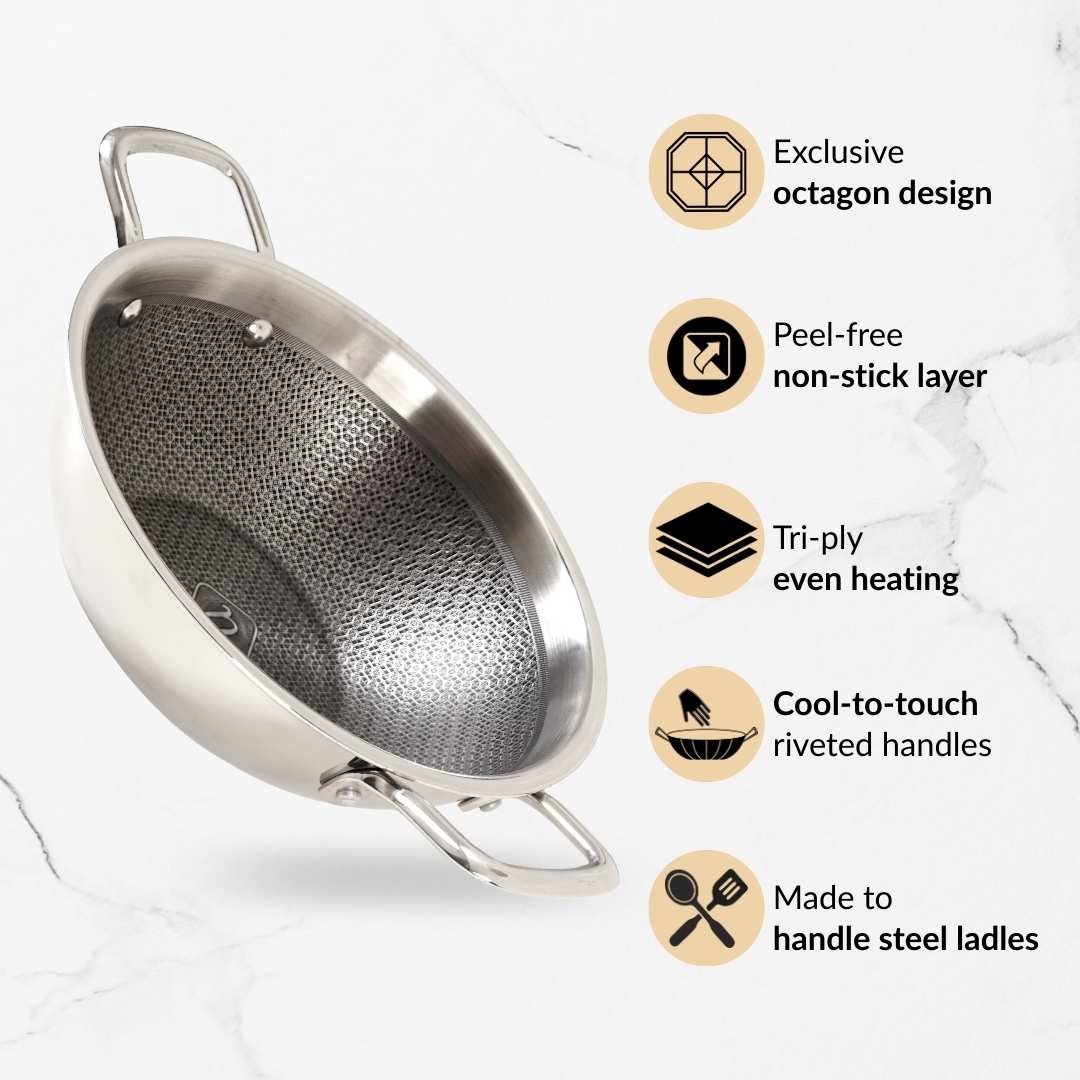 Honeycomb Non Stick Induction Friendly Triply Kadai With Lid 3500ml - Image 4