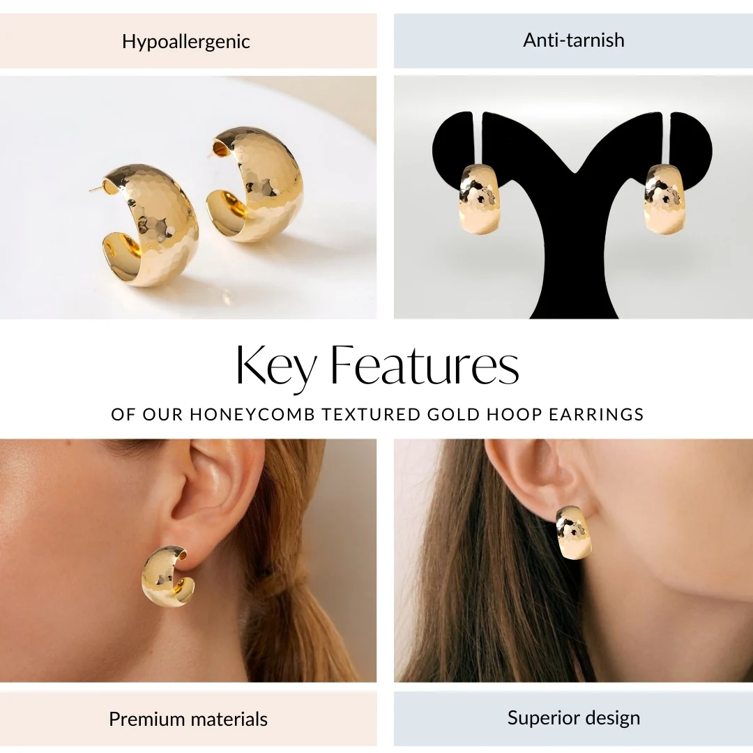 Honeycomb Textured Gold Hoop Earrings - Image 4