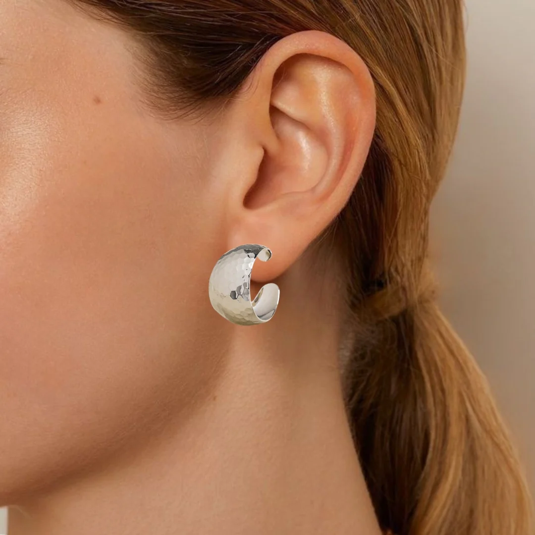 Honeycomb Textured Silver Hoop Earrings - Image 2