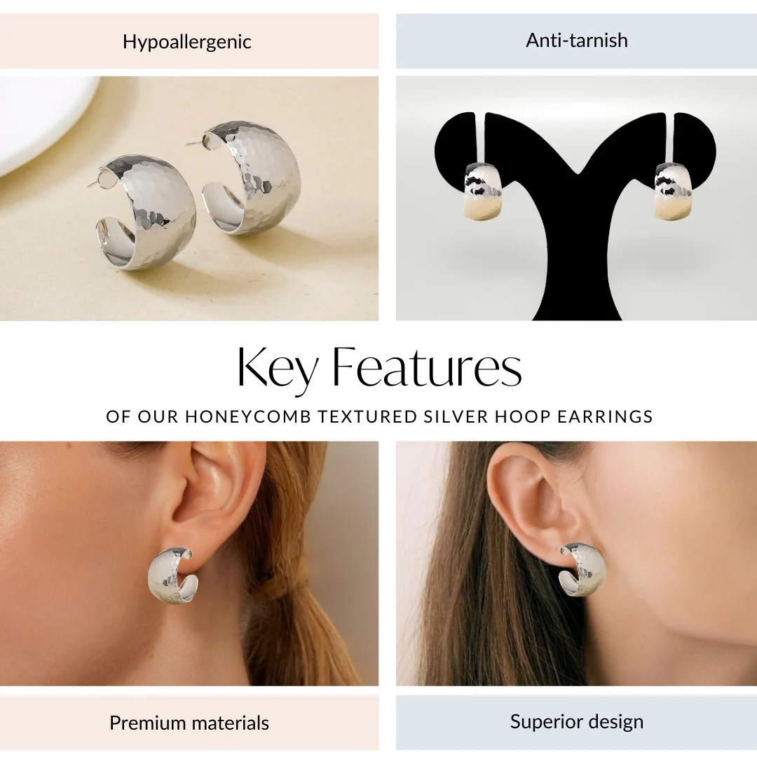 Honeycomb Textured Silver Hoop Earrings - Image 4
