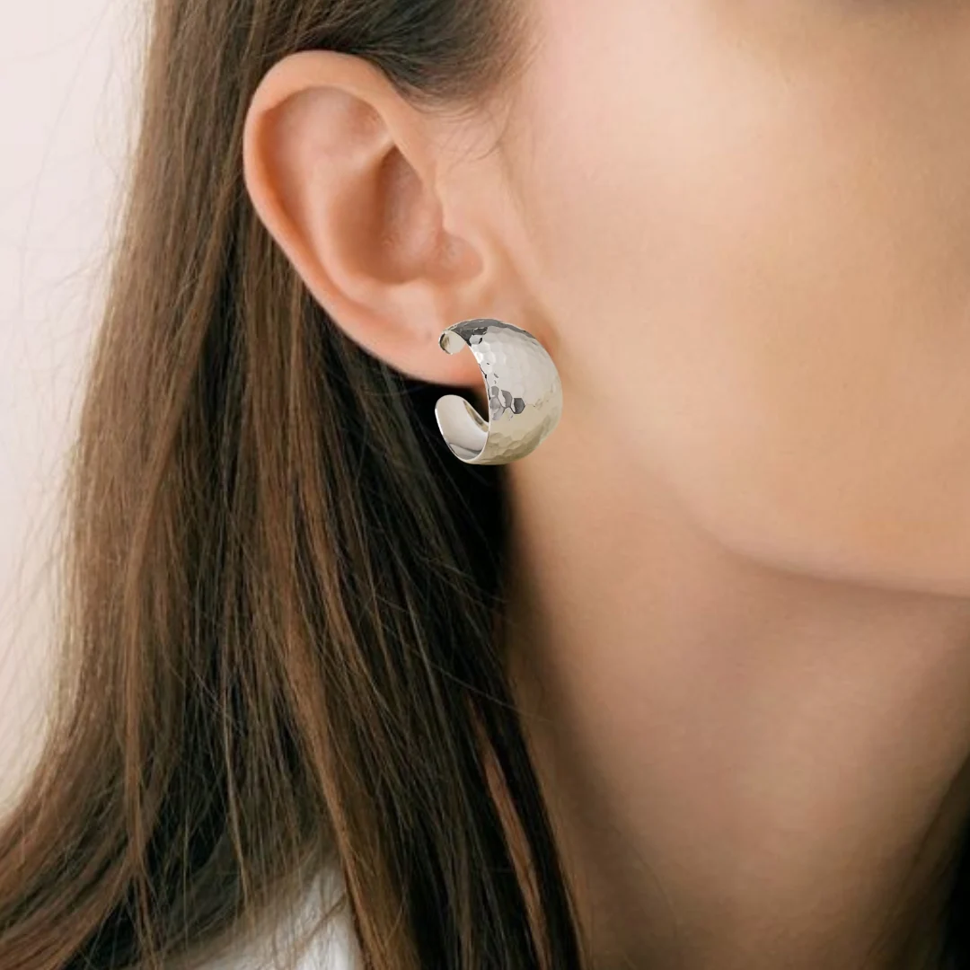 Honeycomb Textured Silver Hoop Earrings - Image 5