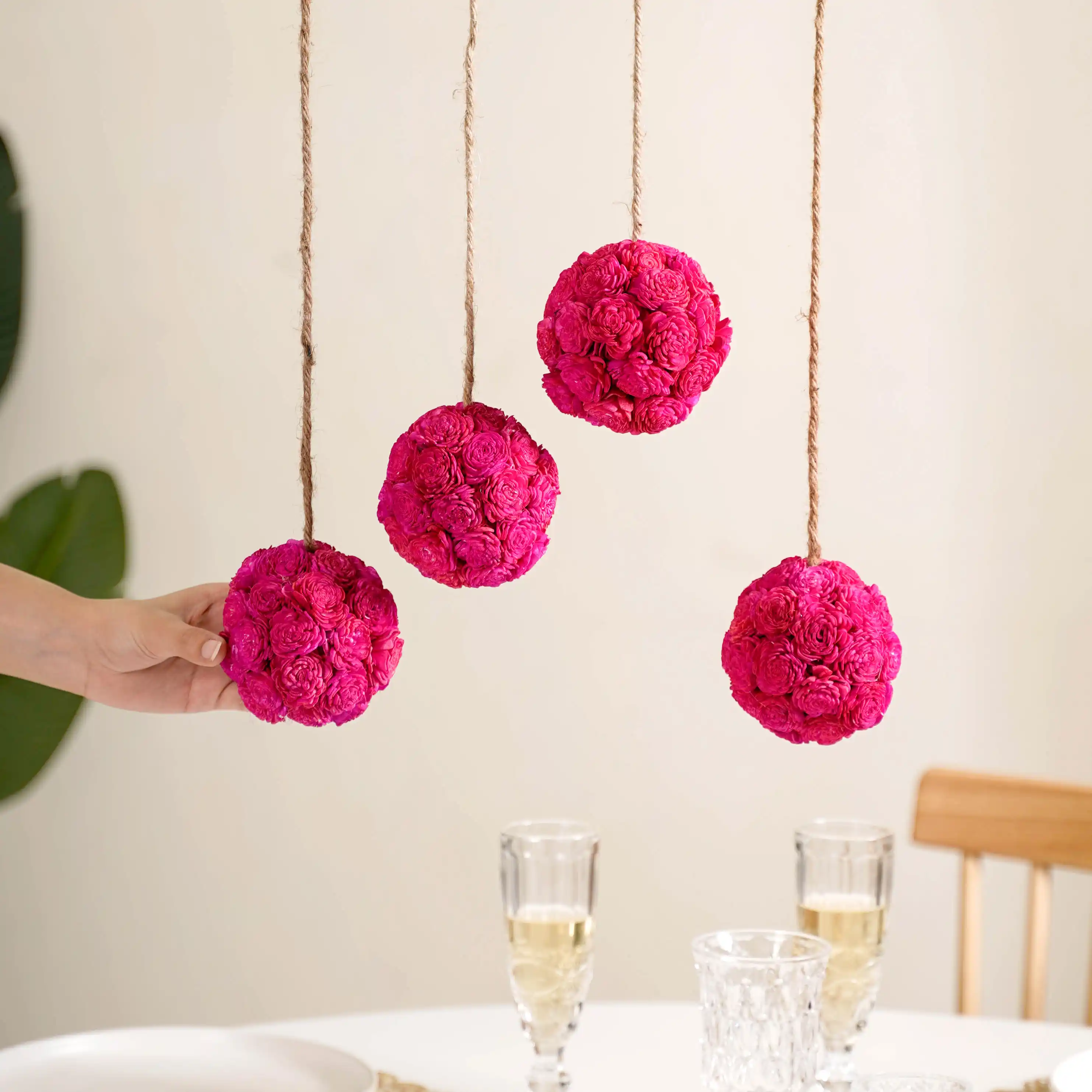 Hot Pink Flower Ball Hanging Decor Set of 4 - Image 2