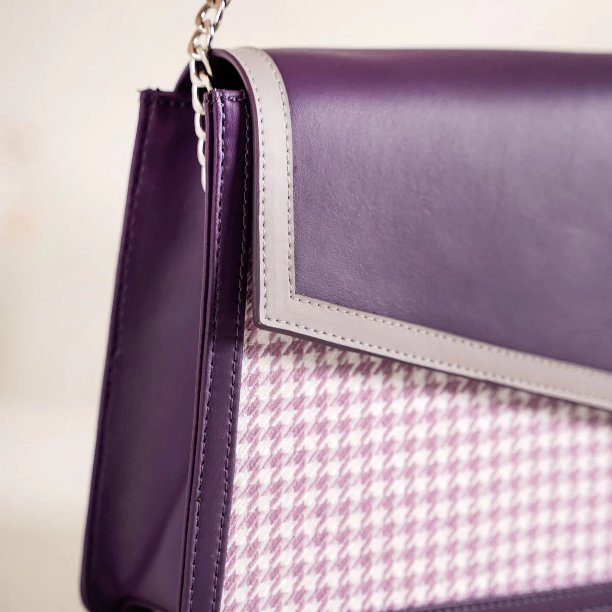 Houndstooth Diagonal Flap Handbag Purple - Image 6