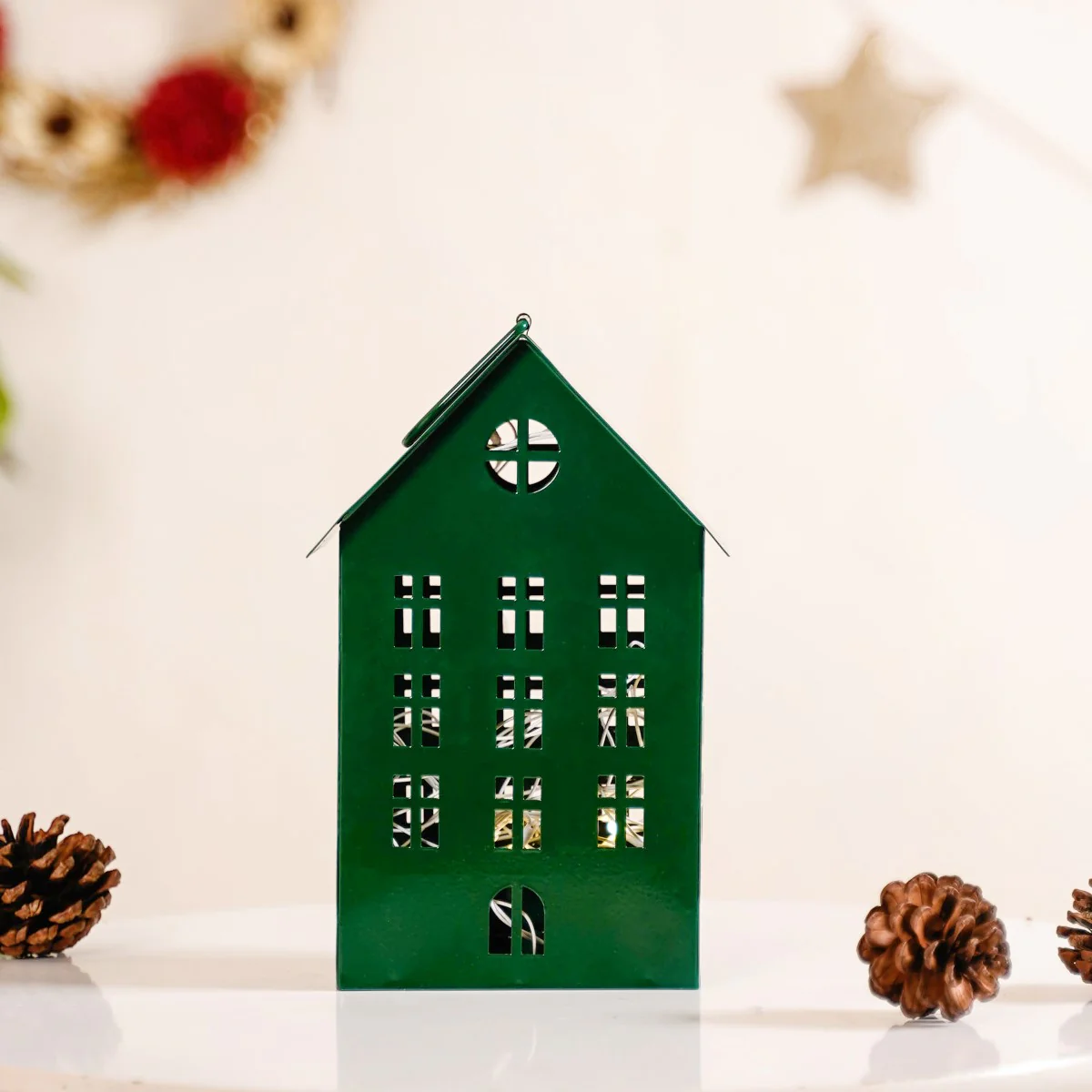 House Shaped Lantern With Handle Green - Image 3