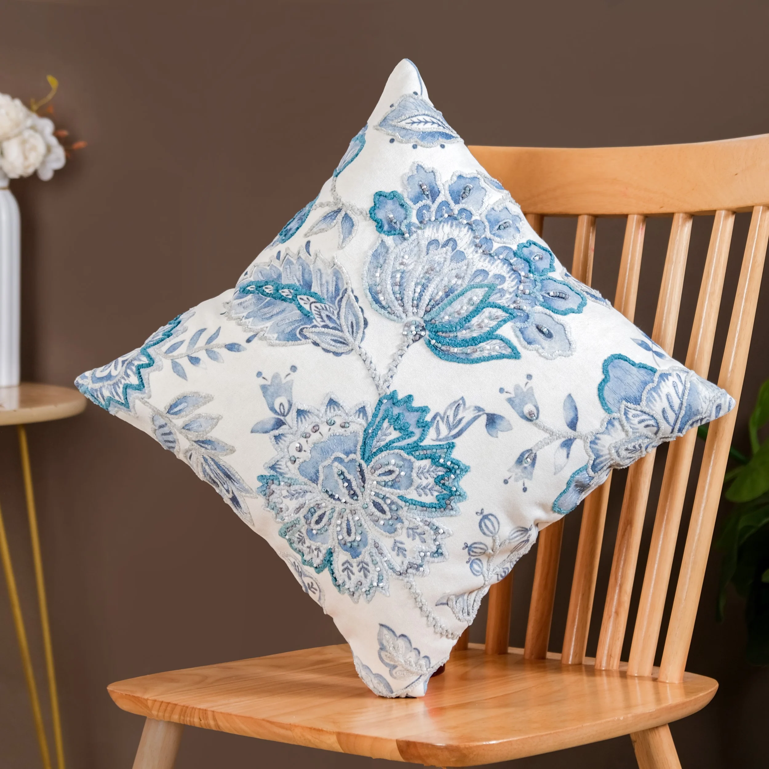 Icy Flora Cushion Cover With Bead Embellishments 40x40 cm - Image 2