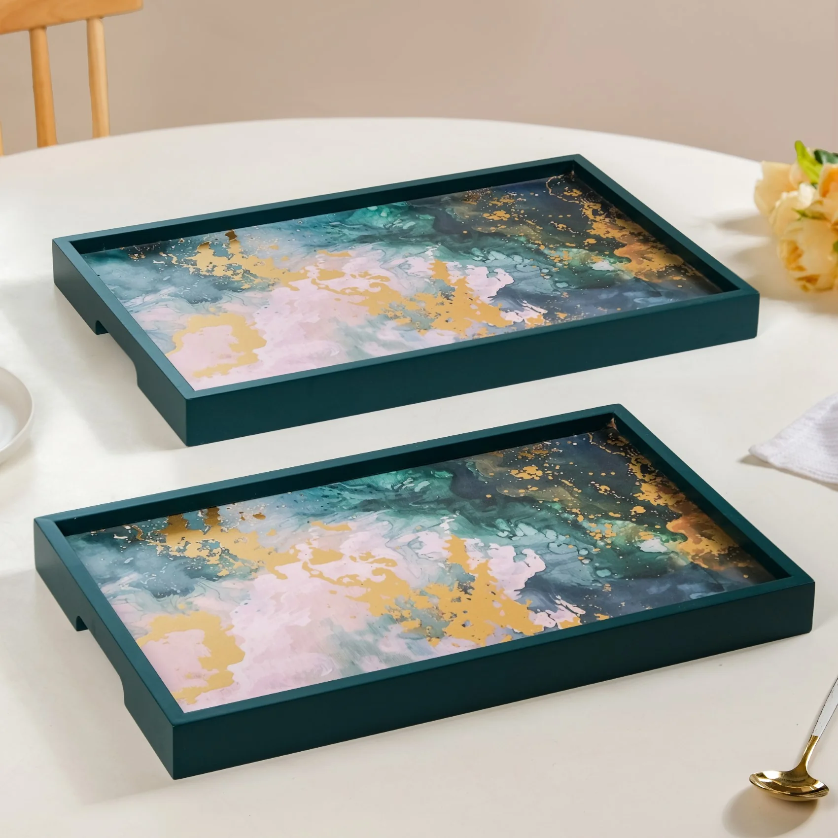Impressionism Sky Art Tray Set Of 2 Teal Matte Gold
