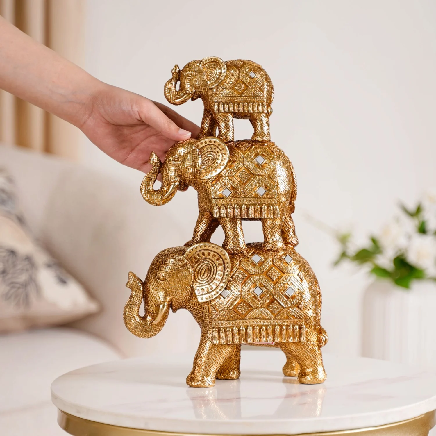 Indian Decorated Elephant Family With Mirrorwork Gold - Image 2