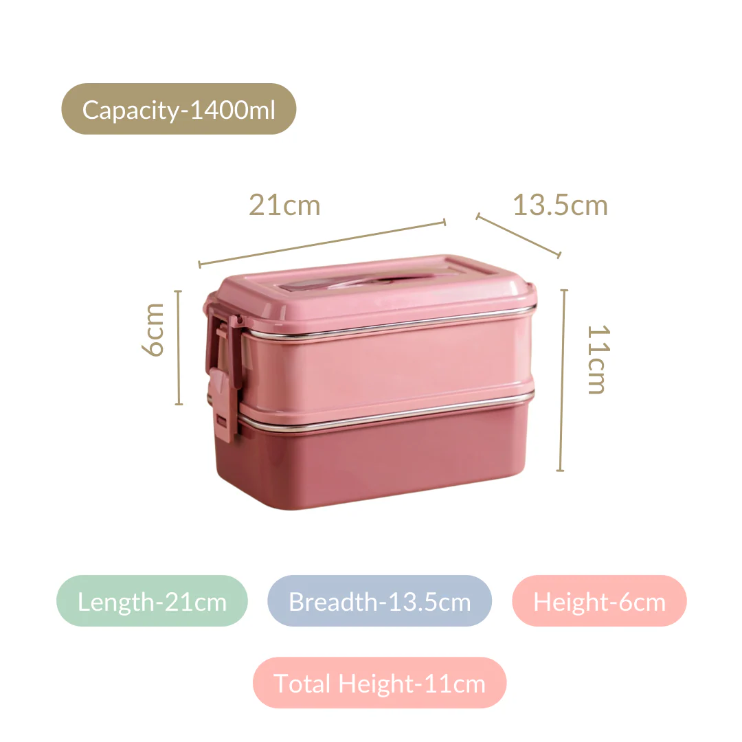 Insulated Bento Lunch Box Double Decker Pink 1400ml - Image 5