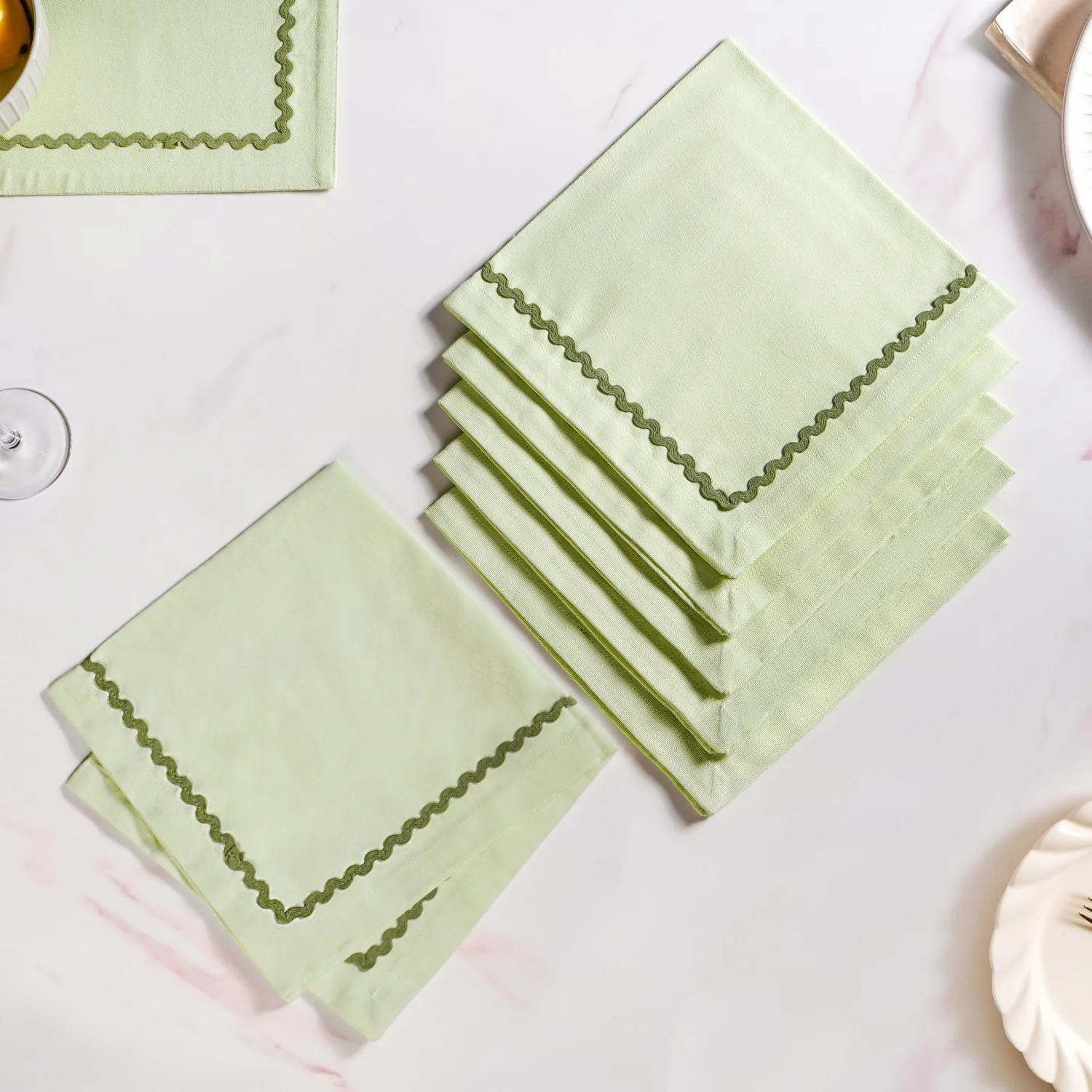 Isabelle Set Of 6 Green Cotton Napkins With Rick Rack