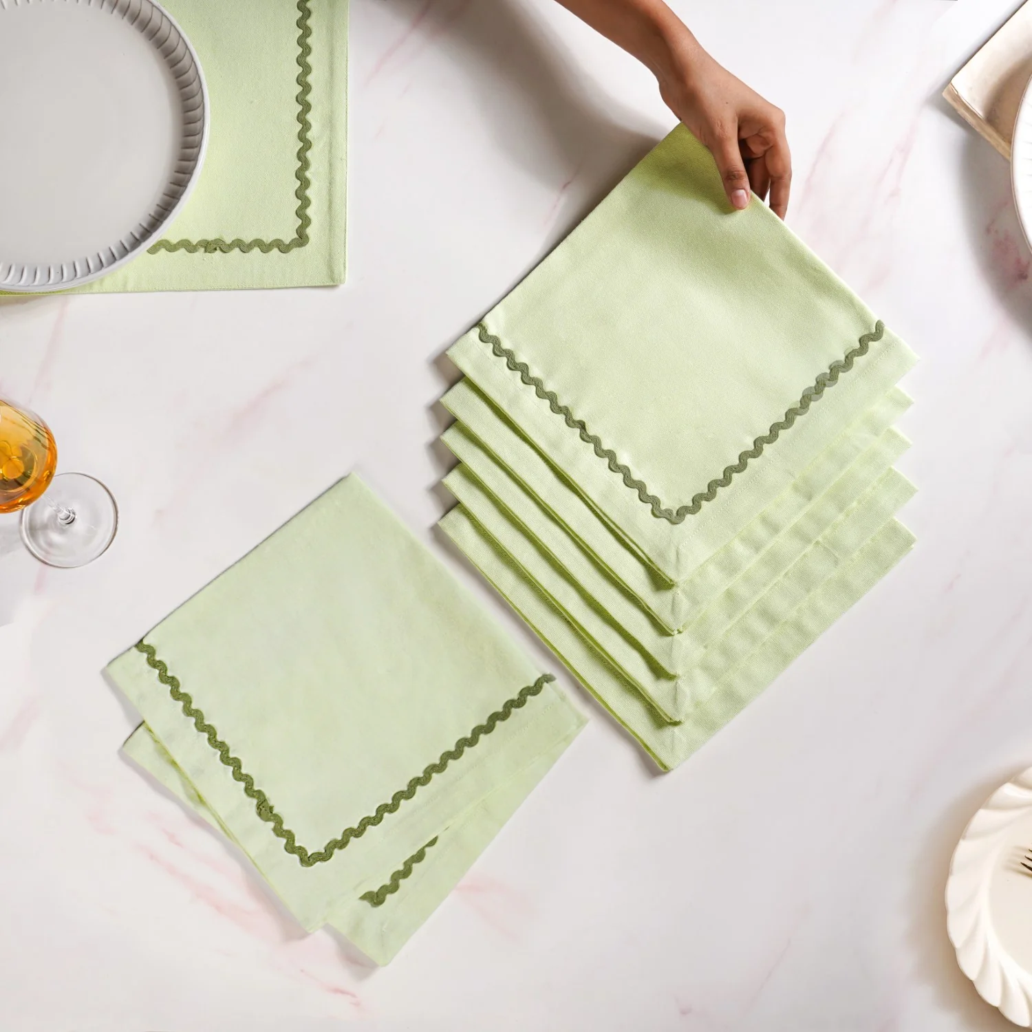 Isabelle Set Of 6 Green Cotton Napkins With Rick Rack - Image 2