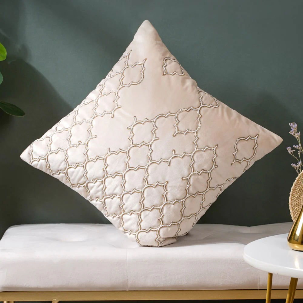 Jaal Karigari Traditional Velvet Cushion Cover Beige 16 x 16 Inch - Image 2